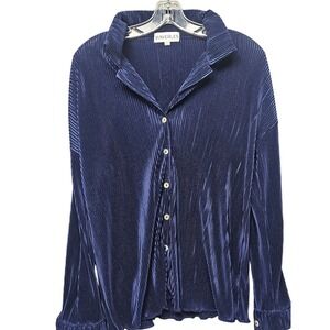 Waverles Womens Navy Blue Plisse Pleated Button Down Shirt Long Sleeve Small